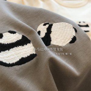 PS41537# 拉架可爱立体熊猫刺绣宽松圆领短袖T恤半袖上衣