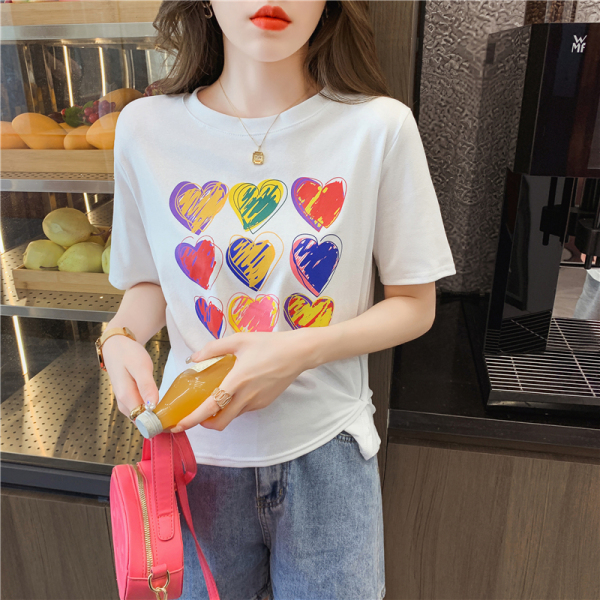 KM20579#夏季网红款爱心印花短款短袖T恤女