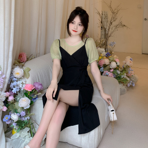 KM18484#新款连衣裙女夏季设计感天丝拼接吊带裙收腰显瘦假两件小黑裙