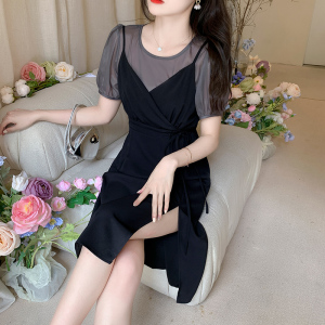 KM18484#新款连衣裙女夏季设计感天丝拼接吊带裙收腰显瘦假两件小黑裙