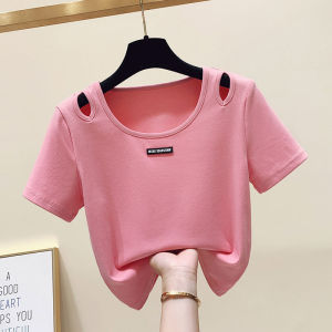 CX9382# 最便宜服装批发 螺纹面料夏季别致漏肩锁骨粉色短袖T恤女设计感小众独特短款上衣
