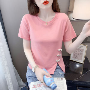 CX9384# 最便宜服装批发 棉设计感钉珠短袖女夏季短款t恤时尚洋气盘扣粉色上衣潮