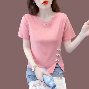 CP1202#长期特价款！ 棉#设计感钉珠短袖女夏季短款t恤时尚洋气盘扣粉色上衣潮