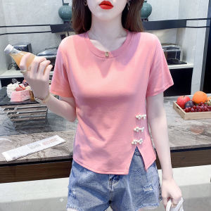 CX9384# 最便宜服装批发 棉设计感钉珠短袖女夏季短款t恤时尚洋气盘扣粉色上衣潮