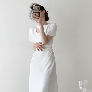 TR15337# 赫本风白色连衣裙小众设计夏新款法式高级感短袖收腰气质长裙 服装批发女装服饰货源