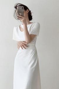 TR15337# 赫本风白色连衣裙小众设计夏新款法式高级感短袖收腰气质长裙 服装批发女装服饰货源