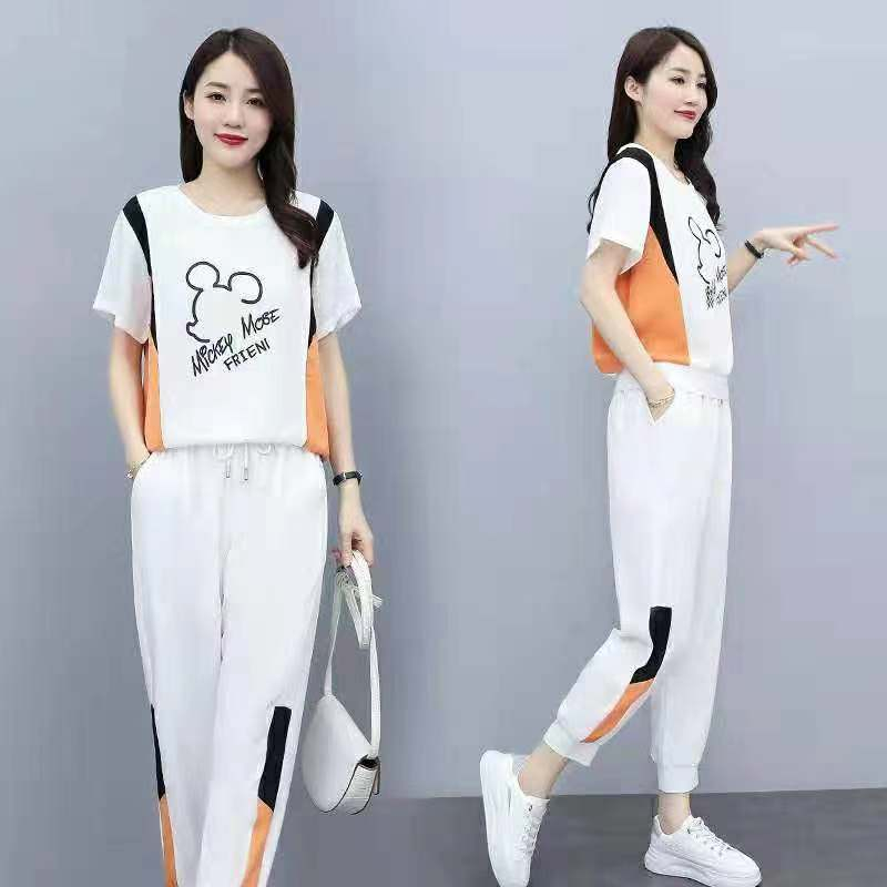 运动休闲套装女夏2024年新款韩版显瘦大码气质字母上衣裤子两件套