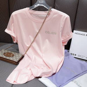 PS42523# 棉夏新品字母烫钻印花圆领打底修身短袖粉色T恤女 服装批发女装直播货源