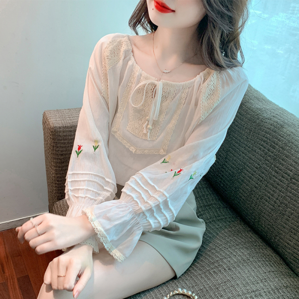 KM16125#韩版冰丝防晒衬衫女夏季透气设计感刺绣仙女上衣