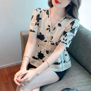 PS41592# 法式复古水墨画印花新款短袖衬衫女夏设计感小众显瘦V领上衣高级v