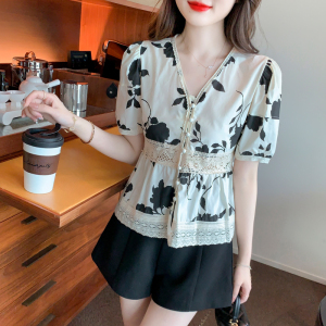 PS41592# 法式复古水墨画印花新款短袖衬衫女夏设计感小众显瘦V领上衣高级v
