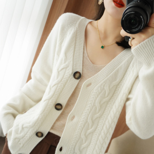 KM30774#羊绒开衫女V领韩版宽松外套纯色毛衣百搭针织衫长袖