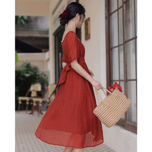 PS54645# 复古方领绑带红色收腰连衣裙 服装批发夏装货源