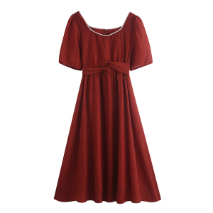 PS54645# 复古方领绑带红色收腰连衣裙 服装批发夏装货源