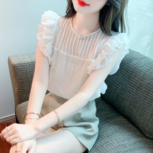 KM20517#夏装新款韩版娃娃衫短袖荷叶边雪纺衫上衣女