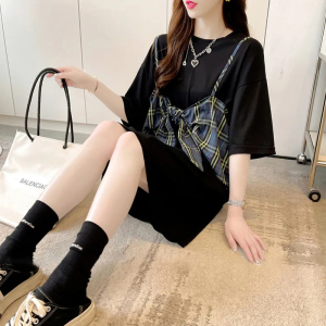 KM16193#棉质设计感格子拼接t恤女短袖连衣裙网红宽松减龄韩版上衣潮