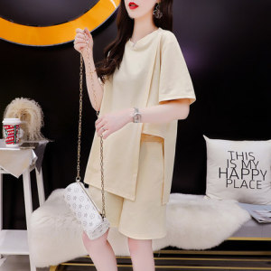 KM16195#炸街潮流韩版棉质运动休闲套装女夏装大码宽松t恤上衣两件套