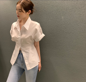PS42642#  韩国chic夏季新款法式卷边袖翻领衬衫女收腰显瘦减龄衬衣 服装批发女装直播货源