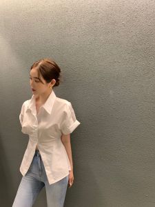PS42642#  韩国chic夏季新款法式卷边袖翻领衬衫女收腰显瘦减龄衬衣 服装批发女装直播货源