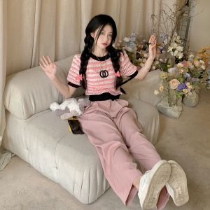 RM21523#甜辣粉色条纹镂空针织T恤女2022夏季新款泡泡袖短款短袖正肩上衣