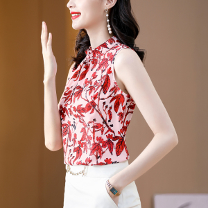 RM19121#真丝印花衬衫女夏装新款设计感小众无袖上衣法式复古修身蚕丝衬衣