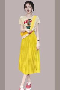KM18114#夏装新款女装小香风套装冷淡风高级感黄色百褶连衣裙子秋装