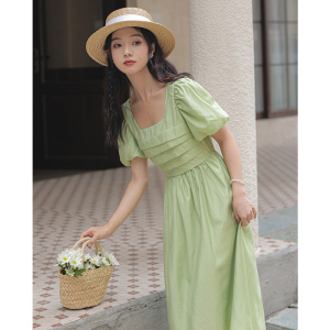 PS54643# 中长款纯色方领短袖衣裙 服装批发夏装货源