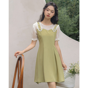 PS54641# 法式假两件绿色短款连衣裙 服装批发夏装货源