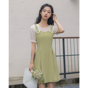 PS54641# 法式假两件绿色短款连衣裙 服装批发夏装货源