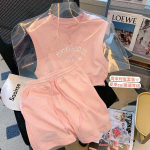 PS41775# 粉色休闲运动套装女夏新款减龄显瘦无袖上衣短裤两件套小个子 服装批发女装直播货源