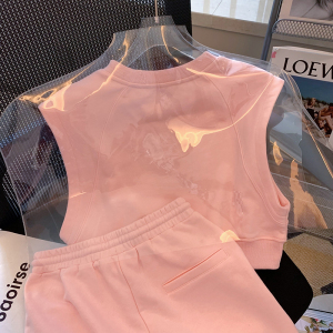 PS41775# 粉色休闲运动套装女夏新款减龄显瘦无袖上衣短裤两件套小个子 服装批发女装直播货源