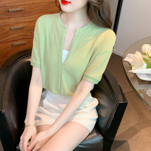 PS43808# 夏季新款V领假两件短袖T恤牛油果绿上衣气质小衫韩版女 服装批发女装直播货源