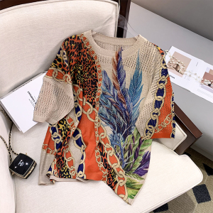 RM5200#重工镶钻镂空印花T恤2023夏款时尚圆领遮肚宽松针织短袖上衣