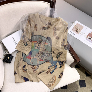 RM5202#烫钻爱马2023新薄款女装T恤印花夏短袖百搭大码宽松文艺欧版