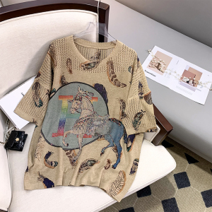 RM5202#烫钻爱马2023新薄款女装T恤印花夏短袖百搭大码宽松文艺欧版