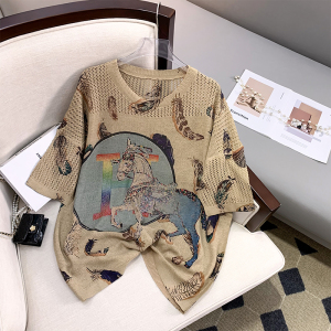 RM5202#烫钻爱马2023新薄款女装T恤印花夏短袖百搭大码宽松文艺欧版