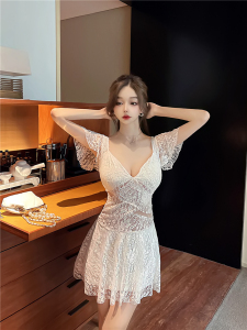Slim and low cut sexy hollow out lace dress