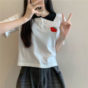 PS43862# 韩版Polo领条纹草莓刺绣宽松短款短袖针织衫T恤上衣女 服装批发女装直播货源