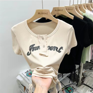 RM21519#美式复古短袖t恤女修身夏季针织坑条短款抽绳收腰上衣女设计感潮