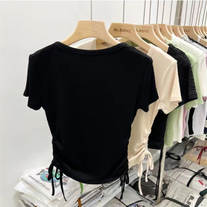 RM21519#美式复古短袖t恤女修身夏季针织坑条短款抽绳收腰上衣女设计感潮