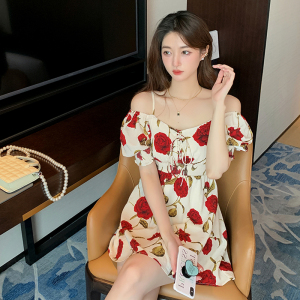 PS43569# 夏季新款设计感小众方领高腰玫瑰花气质短裙连衣裙女 服装批发女装直播货源