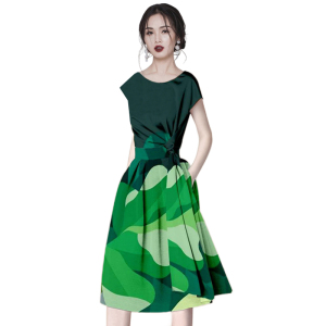 PS43005# 欧美时尚绿色收腰连衣裙夏新款气质减龄显瘦中长裙子 服装批发女装直播货源