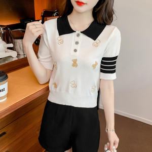 PS45820# 夏季新款韩版拼色Polo领刺绣小熊短袖冰丝针织T恤女 服装批发女装直播货源