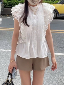 PS44317# 韩版chic新款衬衫女无袖蕾丝镂空荷叶边拼接新款设计感小众上衣 服装批发女装直播货源