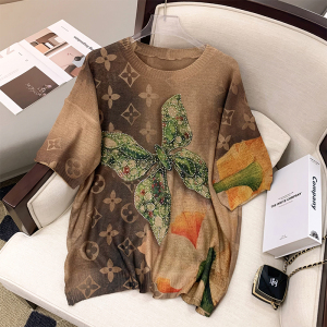 RM5204#夏季2023新款蝴蝶烫钻印花短袖薄款针织衫设计感复古大码上衣