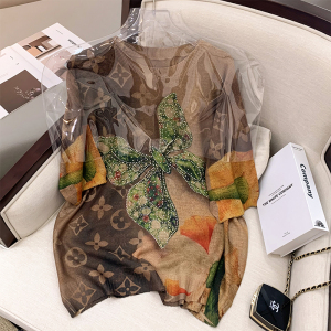 RM5204#夏季2023新款蝴蝶烫钻印花短袖薄款针织衫设计感复古大码上衣