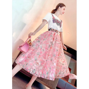 PS43982# 夏季新品粉色中长款少女法式连衣裙时尚设计感两件套 服装批发女装直播货源