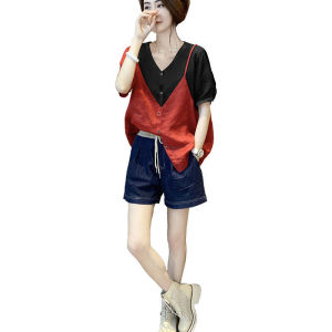 KM18223#假两件亚麻v领衬衫女高端设计感小众短袖上衣夏季2022新款欧洲站