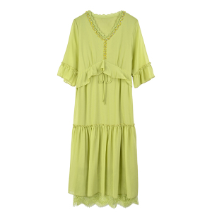 KM18042#新款牛油果绿气质修身裙子设计感长裙真丝桑蚕丝连衣裙女夏季