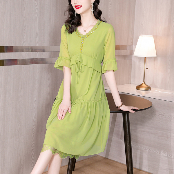 KM18042#新款牛油果绿气质修身裙子设计感长裙真丝桑蚕丝连衣裙女夏季